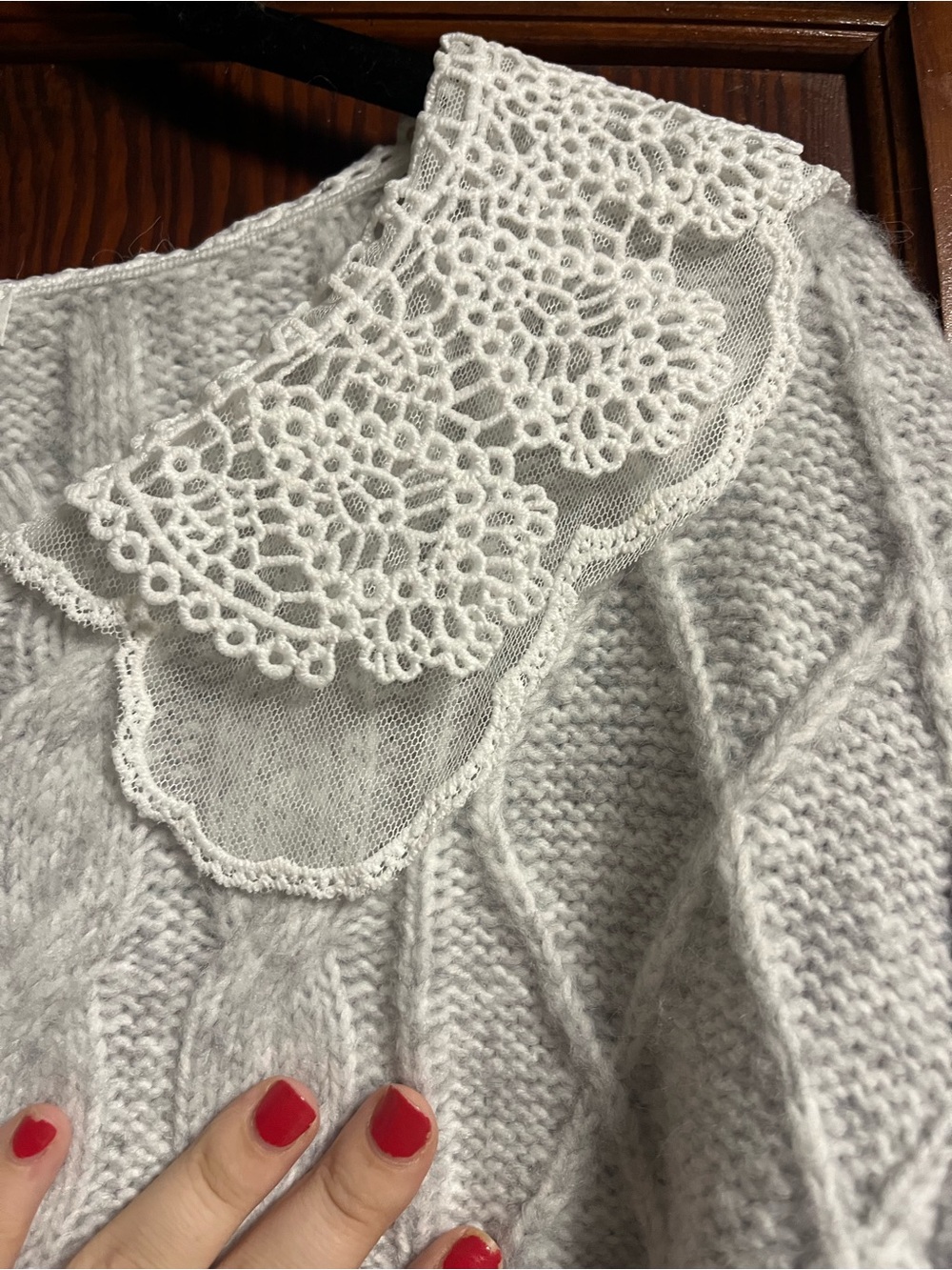 Altar'd State Lace-Collar Cable Knit Cardigan - Light Heather Gray NWT - Picture 6 of 7